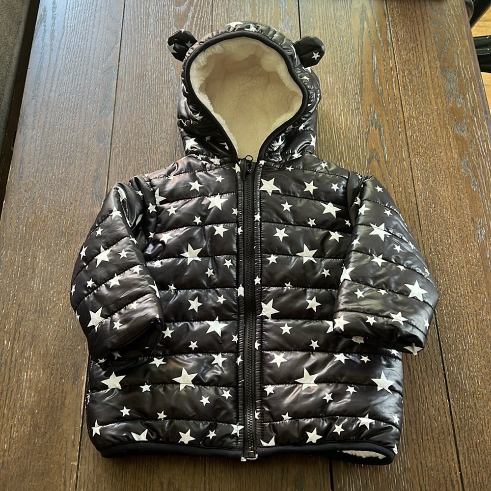 Black and white star baby puffer jacket